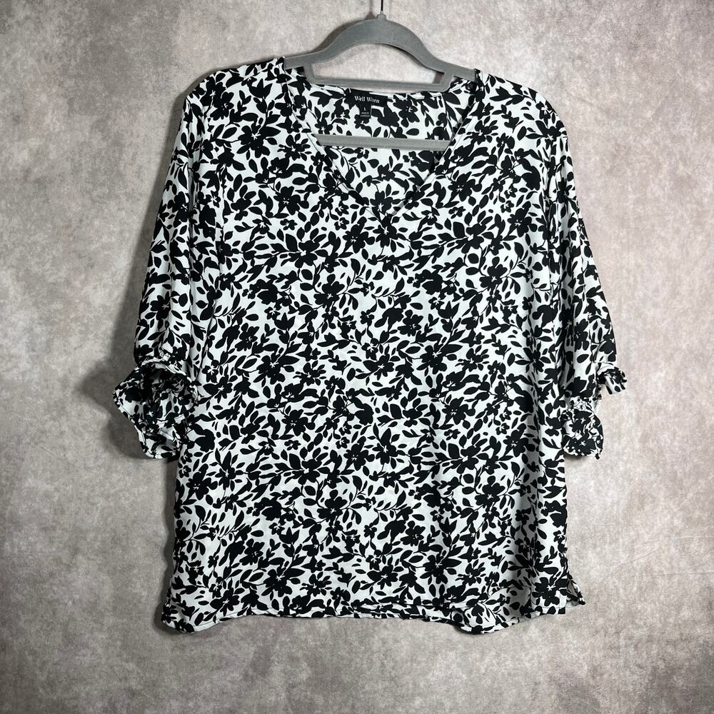 Well Worn Blouse Womens Large Black White Floral Print 3/4 Sleeves V-Neck Casual